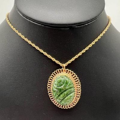 14 Karat Gold Necklace & 14K Gold Estate Loop Carved Stone Pendant
