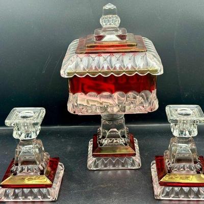 Westmoreland Wedding Bowl & (2) Wedding Pattern Candlesticks With Tag
