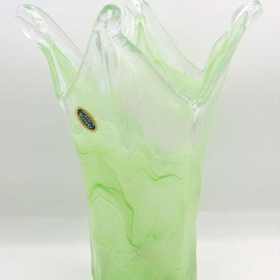 Murano Art Glass Green Wave Vase With Sticker
