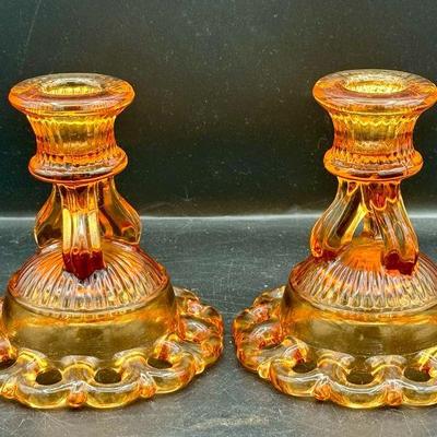 (2) Westmoreland Amber Candlestick Holders Vintage
