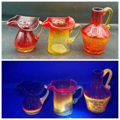 (3) Amberina Crackle Glass Pitchers

