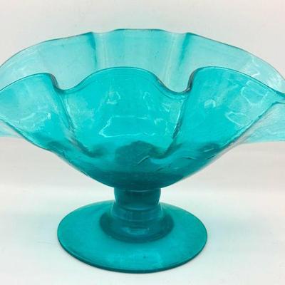 Blown Blue Glass Ruffled Compote Bowl
