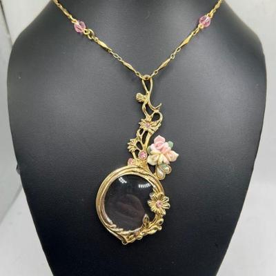 Vintage 1928 Delicate Rose Magnifying Glass Necklace - Lucite, Porcelain
