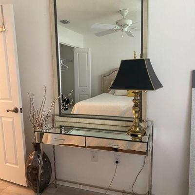 Mirrored Desk, Brass Lamp