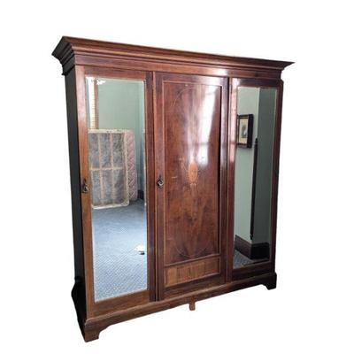 Lot #105 - Antique Inlaid Mahogany Triple Wardrobe with Mirrors