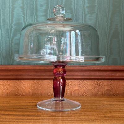 Glass Cake Stand with Cranberry Accent and Dome Cover