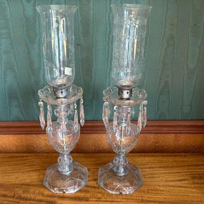 Pair of Large Cut Crystal Mantle Hurricane Lamps with Drop Crystals