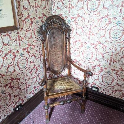 Antique French Carved Oak & Caned Armchair