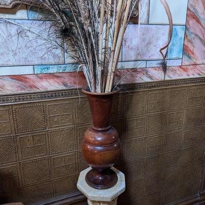 Stunning Wood Turned Vase Filled With Pampas Fronds and Peacock Feathers