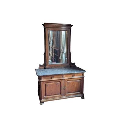 Lot #81 -  Antique Walnut Marble Top Vanity Table With Mirror