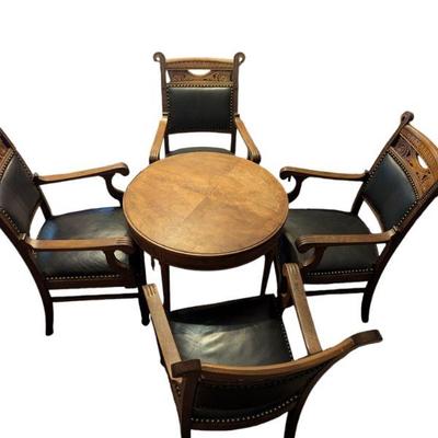 Antique Card Table Set - Round Louis XVI Style Table with Four Restored Antique Carved Club Chairs