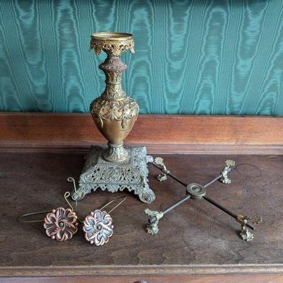 Antique Brass Decor Lot - Lamp Base, Trivet, and Floral Curtain Holdbacks