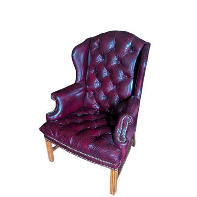 Vintage Burgundy Tufted Leather Wingback Chair.