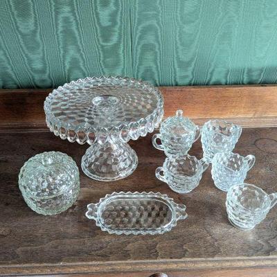 Fostoria American Pedestal Cake Stand, Apple Covered Dish, Mini Creamers & Sugars with Tray