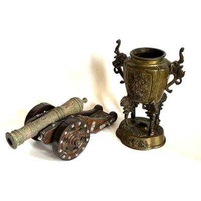 Vintage Decorative Table Cannon and Antique Asian Censer