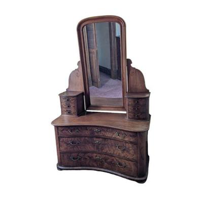 Lot #94 - Beautiful Antique Burlwood Vanity Dresser with Mirror and Drawers