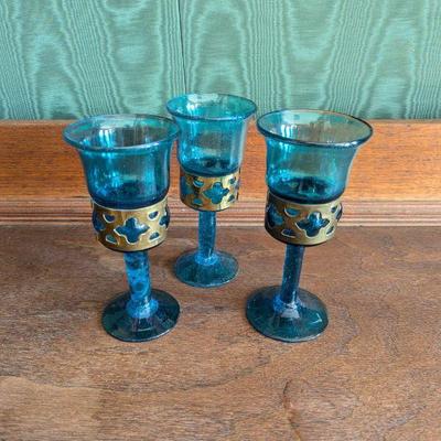 Set of Three Vintage Mexican Handcrafted Aqua Glass Goblets with Brass Bands