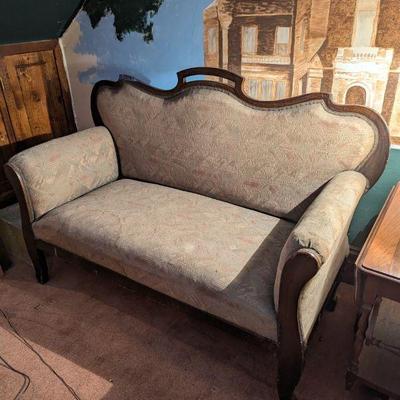 Antique Victorian Wood & Upholstered Settee Sofa