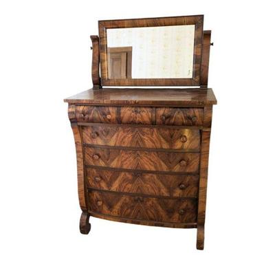 Lot #98 -  Antique Walnut Burlwood Dresser with Mirror - Beautiful Design and Craftsmanship.