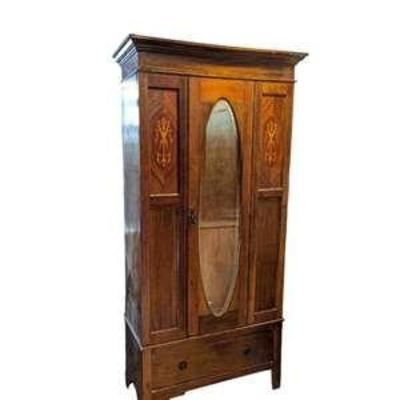 Lot #111 - Antique Edwardian Wooden Wardrobe with Mirror and Detailed Inlay