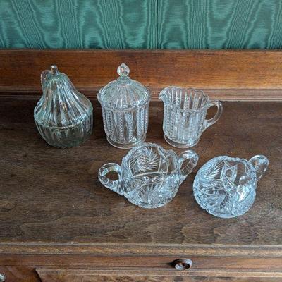 Vintage Pressed Glass Pear-Shaped Candy Dish, Sugar & Creamers