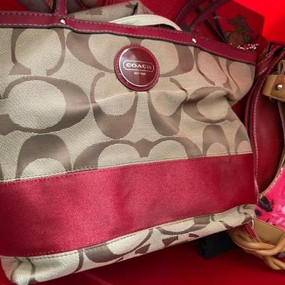 Coach SIgnature Logo Burgundy and Beige Double Strap Shoulder Bag