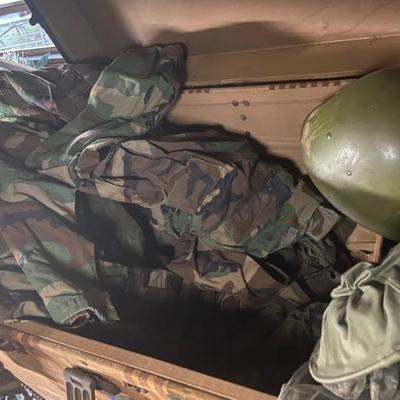 Authentic military fatigues, helmet