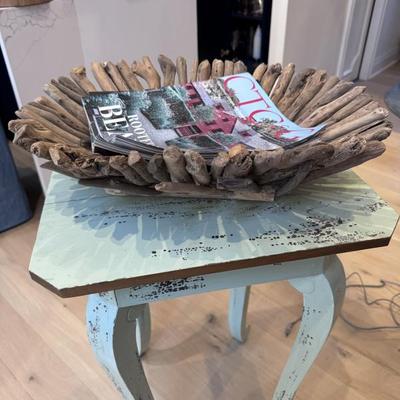 Drift wood bowl and antiqued Victorian side/entry table