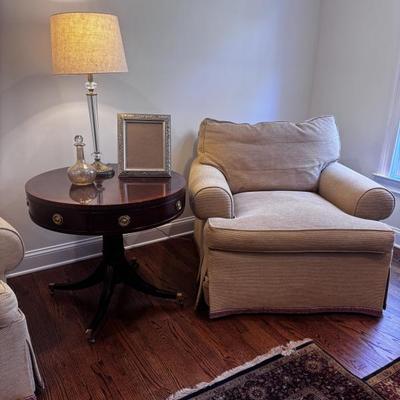 Sovereign Upholstery by Hickory Chair and small drum side table