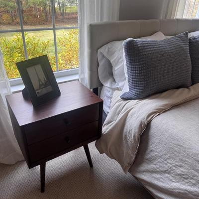 Full size bed with upholstered headboard and side MCM solid wood nightstand with 2 drawers