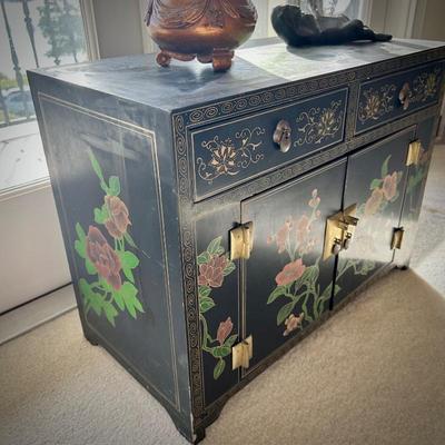 Vintage black Chinoiserie mini cabinet