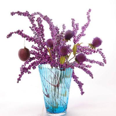 Art Glass vase & purple floral arrangement