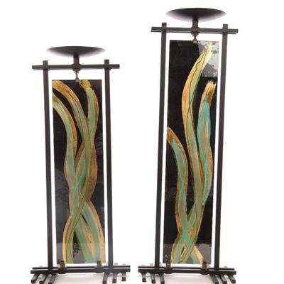 Reverse painted glass candlesticks