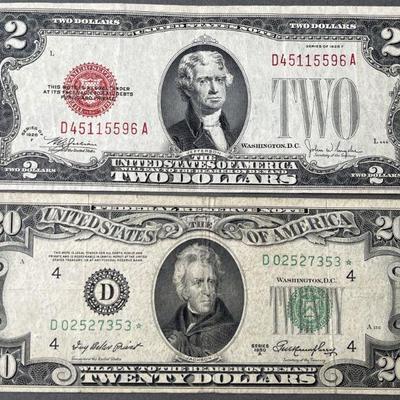Lot 168 | Series of 1928 F 2 Dollar & 1950 A 20 Dollar Notes
