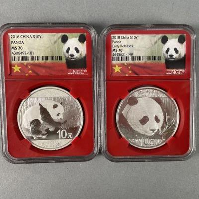 Lot 235 | 2016 and 2018 .999 Silver MS 70 Graded Pandas
