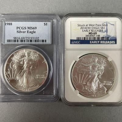Lot 268 | 1988 and 2014 1oz .999 Silver Eagles
