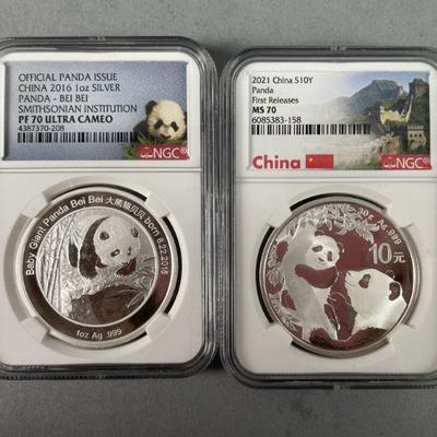Lot 265 | 2016 and 2021 .999 1oz MS 70 Graded Silver Pandas
