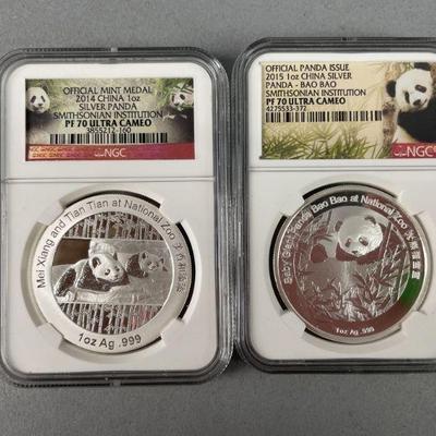 Lot 271 | 2014 and 2015 .999 PF 70 Graded Silver Pandas
