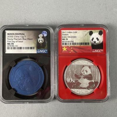 Lot 264 | .999 Silver and Titanium Graded MS 70 Panda Coins
