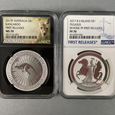 Lot 230 | 2 2017 .999 Silver MS 70 and PF 70 Grade Dollars
