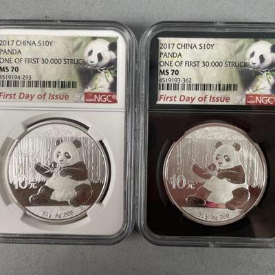 Lot 270 | 2 2017 .999 MS 70 Graded Silver Pandas

