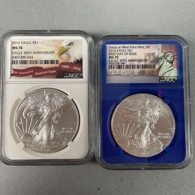Lot 226 | 2 2016 .999 Silver Eagles MS 70 Grade Dollars
