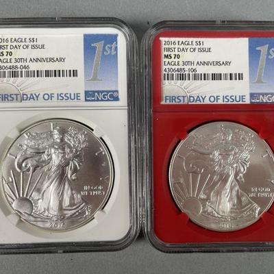 Lot 225 | 2 2016 .999 Silver Eagles MS 70 Grade Dollars
