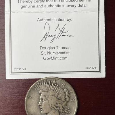 Lot 77 | 1921 Silver Peace Dollar With COA & Case
