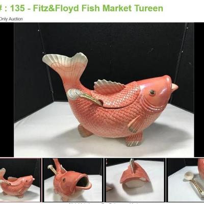 Lot # : 135 - Fitz&Floyd Fish Market Tureen
has chip on lid, has ladle and measures 17" across x 12 1/2" tall.
