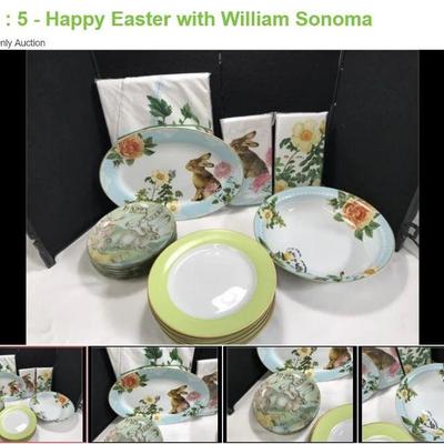 Lot # : 5 - Happy Easter with William Sonoma
1 Serving Bowl, 1 Platter, 8 Dinner plates, 8 Happy Easter Salad Plates and more.
