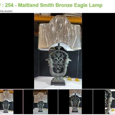 Lot # : 254 - Maitland Smith Bronze Eagle Lamp
Lamp measures 13" across at the eagles, shade is 17" across and lamp stands...