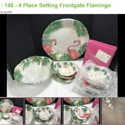 Lot # : 148 - 4 Place Setting Frontgate Flamingo
4 Dinner plates 11" round, 4 salad/desert plates 9", bowls 7 1/2" across,...