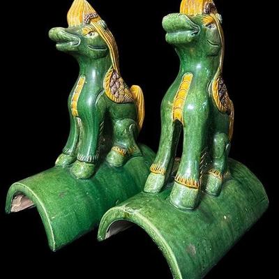 A Pair of 20th Century Chinese Glazed Ceramic Longma Winged Horse Roof Tiles