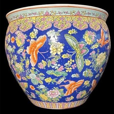 A Large Asian Fishbowl Planter with Butterfly and Floral Motif